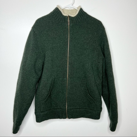 L.L. Bean Other - L.L. Bean Green 100% Lambwool Full Zipper Grandpa Sweater Jacket Sherpa Lined L